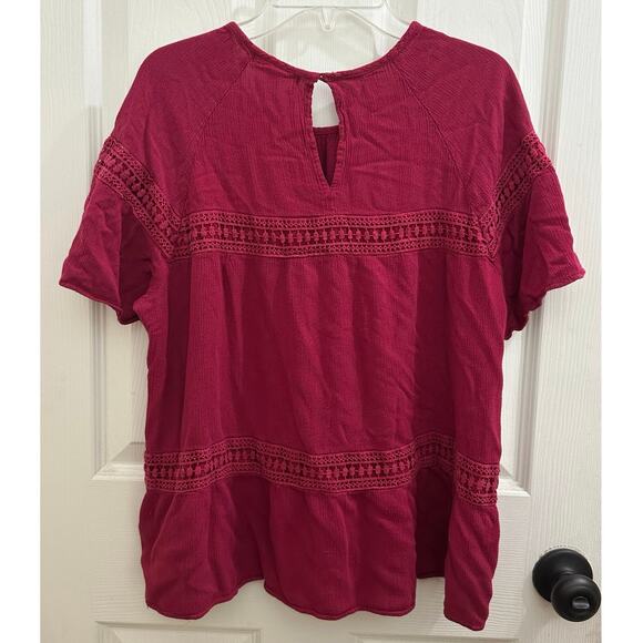 John Paul Richard Tiered Flowy Peasant Top Burgundy Wine Color Crochet Trim L - Picture 2 of 7